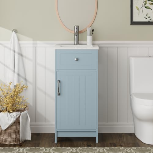 ALBAD 16-Inch Modern Bathroom Vanity with Sink, Small Bathroom Vanity Set with Storage, Freestanding Compact Space Bathroom Cabinet, Single Sink Cabinet with Adjustable Shelf (Coastal Blue)