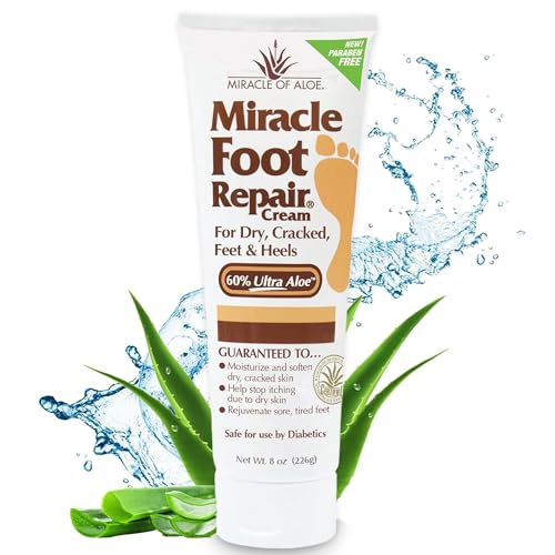 Miracle Foot Repair Cream, 8 oz Repairs Dry Cracked Heels and Feet, Diabetic-Safe, 60% Pure Ultra Aloe Moisturizes, Softens, and Repairs, Relief for Ingrown Toenails