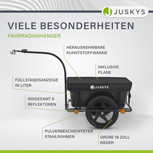 Juskys Fahrradanhänger 90 Liter - Lastenanhänger mit Kupplung, Deichsel — Anhänger für Fahrrad 40/80 kg Zuladung - Transportanhänger mit Schutzplane