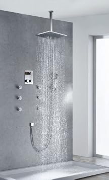 Cascada Luxury Bathroom Shower Set with Luxury 16" Shower Head Ceiling Mount Rainfall Thermostatic Digital Display 6 Massage Jets Spray Body Shower Set, Stainless Steel/Chrome Finish
