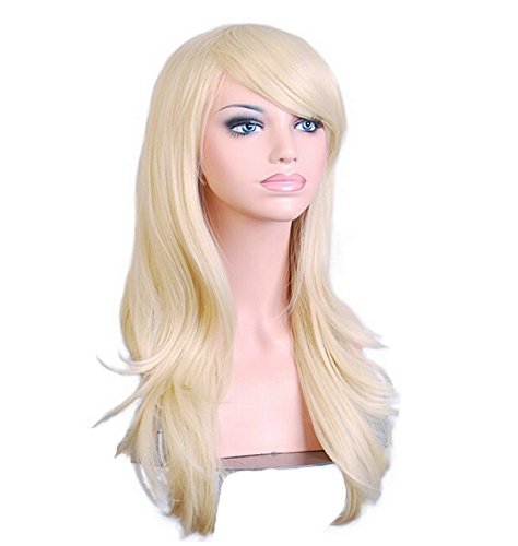 Ubetta 28 inch 70cm Blonde Cosplay Wigs Long Big Wavy Curly Hair Ends Halloween Costume Party Cosplay Wavy Curly Heat Resistance Wig With Bangs and Wig Cap