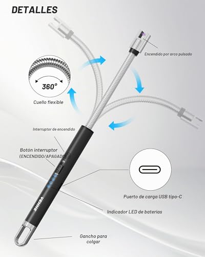 Miniatura 4 de Vehhe Mechero De Velas, Encendedor De Arco Eléctrico Recargable Con Indicador Led De Batería, Usb Mechero Largoa, Encendedor Cocina Electrico Para Encender Velas, Estufas De Gas, Camping Y Más
