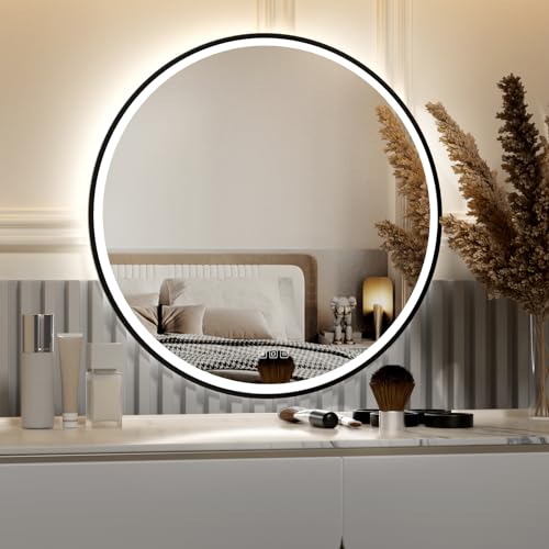 furduzz fuduzz Espejo de baño LED Circular, Marco Negro, Espejo de Maquillaje de 700 mm con luz, Espejo de Pared de iluminación antiniebla, función de Memoria, 3 Colores, Ajustable