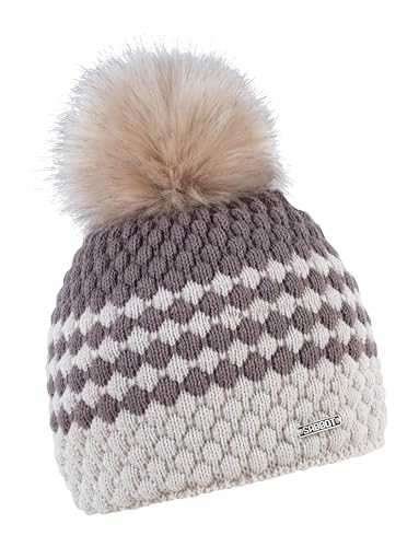 SABBOT Elegante berretto da donna con pompon in pelliccia, fodera in pile, berretto invernale lavorato a maglia, berretto caldo, Marrone e beige, Einheitsgröße-L