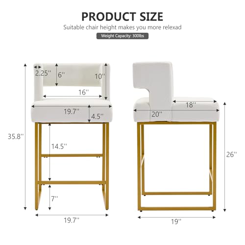 Image of Counter Height Bar Stools Set of 4, White Velvet Bar Chair Gold Leg | 26 inch Seat Height Fits Standard Kitchen Islands, Upholstered Barstools, Back Support, Square Metal Legs, Footrest