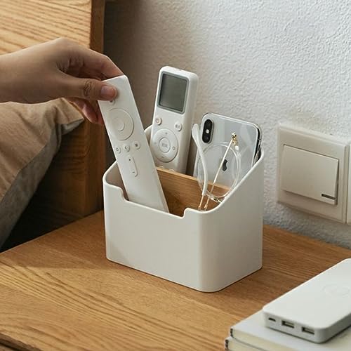 Organizador de escritorio de madera, soporte para bolígrafos, soporte para mando a distancia de escritorio con compartimentos extraíbles, almacenamiento en la oficina en casa