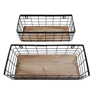 Metal wire basket detachable wood base storage organizer farmhouse small bins for kitchen cabinets bathroom pantry laundry room closets set of 2black color  urban country home decor