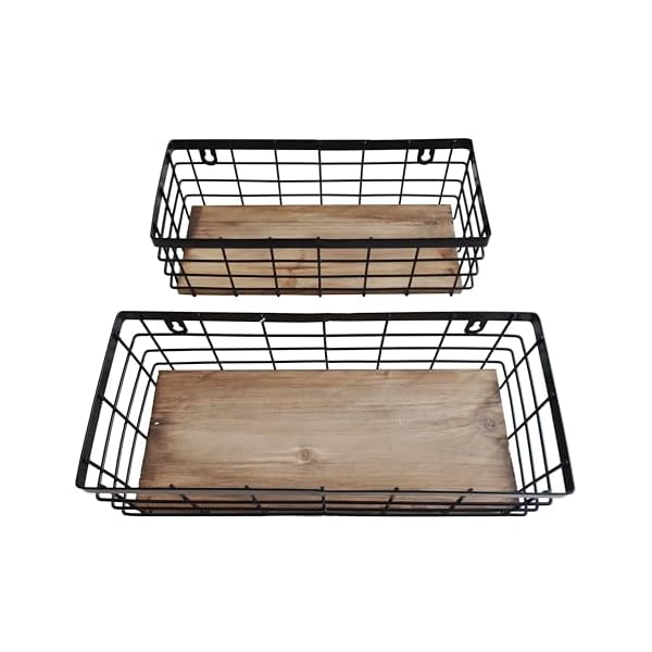Metal wire basket detachable wood base storage organizer farmhouse small bins for kitchen cabinets bathroom pantry laundry room closets set of 2black color  urban country home decor