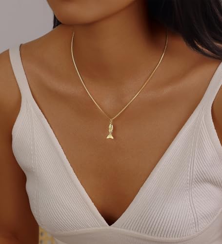 Evabelle Gold Necklace for Women Fish Cross Necklace 14K Gold Plated Nickel Free Hypoallergenic Non Tarnish Chain Koi Fish Ocean Beach Cross Pandent Necklace Dainty Jewelry3