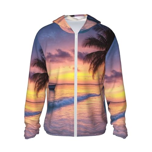 UPF 50+ Sun Protection Hoodie Long Sleeve Sunrise Tropical Island Sun Shirt Rash Guard Fishing Shirts for Men