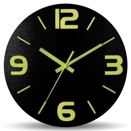Image of HZDHCLH Wood Wall Clock Glow in The Dark,Luminous Wall Clocks with 3D Numbers,Decorative Wall Clock Battery Operated for Bedroom Kitchen Living Room Office (Black)