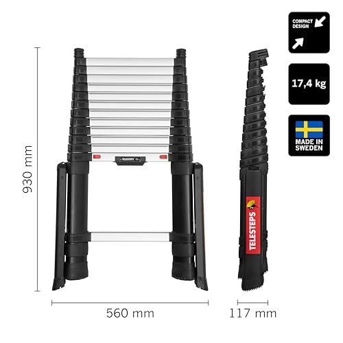 Teleskopleiter 4,1m von TELESTEPS I Made in Sweden I Prime Line I Kompakte Qualitätsleiter mit patentiertem Premium Design I Dreieckige Holme I EN 131 Zertifiziert I 72241-781