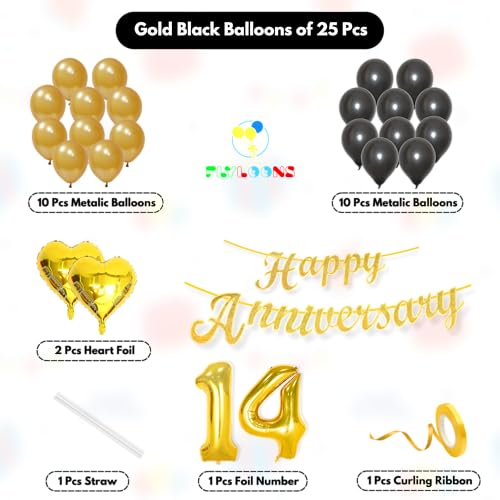 Image of Flyloons 14th Happy Anniversary Decoration Items Gold Black for Men Women Husband Wife Mom Dad Couple Home Bedroom Car With 20 Pcs Metallic Balloons Anniversary Banner 2 Pcs Heart Set Kit Golden