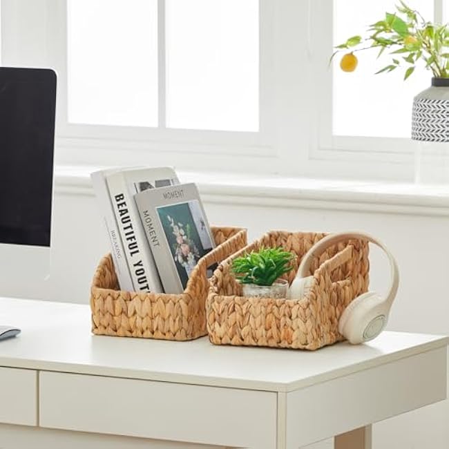 Wicker Baskets for Organizing,Pantry Baskets with Handles, Handwoven Wicker Storage Basket, Water Hyacinth Storage Bins for Shelves, Bohe Deco 3 Pack,Natural