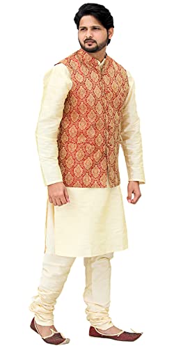 Image of Men's Silk Kurta Pyjama With Waistcoat