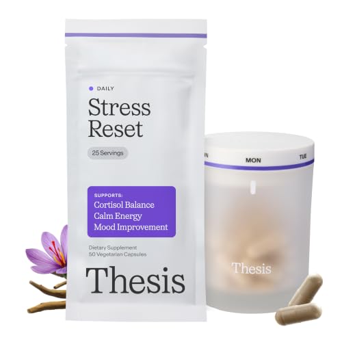 THESIS Stress Reset with Caffeine Supplement for Men & Women with Ashwagandha Vitamin D3 L Theanine & Saffron Kit with Glass Bottle & Refill Sachets Non GMO 25 Servings 1 Month Supply