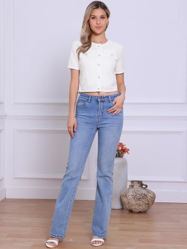 Image of Allegra K Short Sleeve Tweed Jacket for Women Summer Crew Neck Button Front Cropped Cardigan
