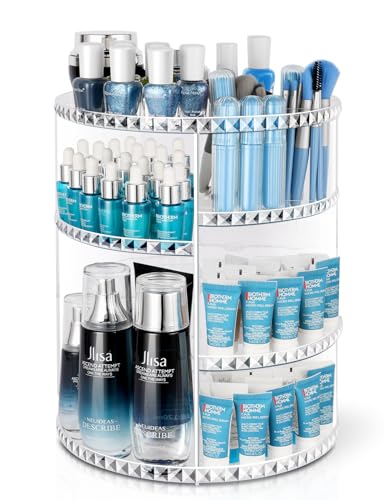 360° Rotating Makeup Organizer, Large Capacity Vanity Organizer with DIY Adjustable Trays, Makeup Brush Perfume Skincare Organizer Spinning Holder Shelf Storage Rack for Bathroom, Bedroom