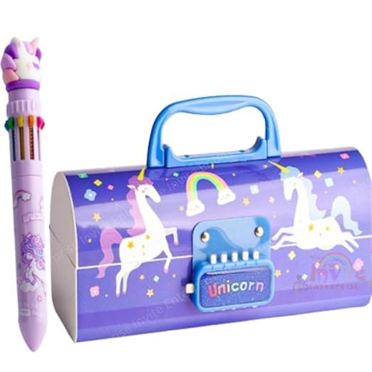 MANAKI ENTERPRISE Plastic Children's Pen & Pencil Box: Suitcase-Style Password-Lock Multi-Layer Box For Boys And Girls, Stationery Organizer Case Gift Children (Blue Unicon Theme)