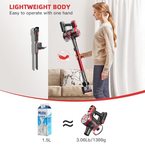 Vacuum Cleaners for Home,Cordless Vacuum Cleaner with Powerful Suction,Cordless Stick Vacuum Cleaner Rechargeable Vacuum Up to 35 Mins Runtime,Lightweight Hardwood Floor Vacuum(Red)