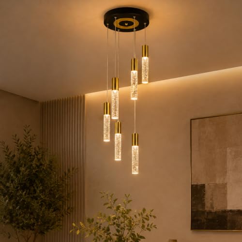 Image of Lamp master Bubbleora 6-Light Crystal Bubble LED Pendant Light, Modern Hanging Ceiling Light with 3 Color Options, Antique Gold Finish, Adjustable Height for Living Room, Bedroom & Dining Room