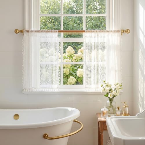 Image of MYSKY HOME White Lace Tier Curtains 24 Inch Length 2 Panels Kitchen Cafe Sheer Short Boho Half Country Rod Pocket Curtains for Small Windows Basement Bathroom, 34 inch Wide Each Panel