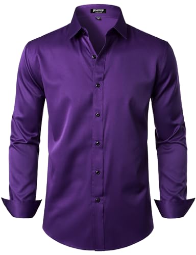 JEMITOP Men's Stretch Wrinkle Free Dress Shirts Formal Wedding Prom Long Sleeve Button Down Shirt Purple L