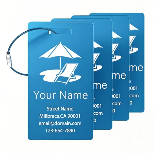 4 Pack Personalized Luggage Tags, Custom Engraved Aluminum Luggage Tags with Your Personalized Text, Waterproof Metal Name Tags with Steel Loop for Bags, Suitcase, Baggage, Backpack (Blue, Large)