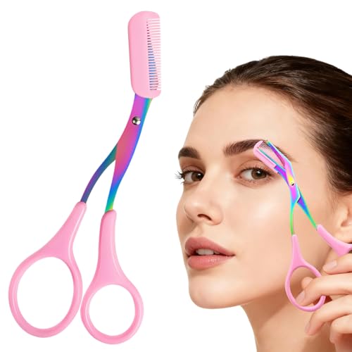 Bssymay Eyebrow Trimmer Scissor, Stainless Steel Precision Cutter Hair Removal Makeup, 2-in-1 Professional Eyebrow Scissors with Comb,Tool for Women and Men (Powder)