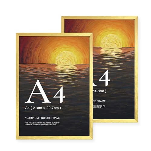 LIVINGTASTE Bilderrahmen A4 Aluminium Gold mit gehärtetem Glas 2er Set passt für 21x29 7 cm Fotos ideal für Büro oder Home Office