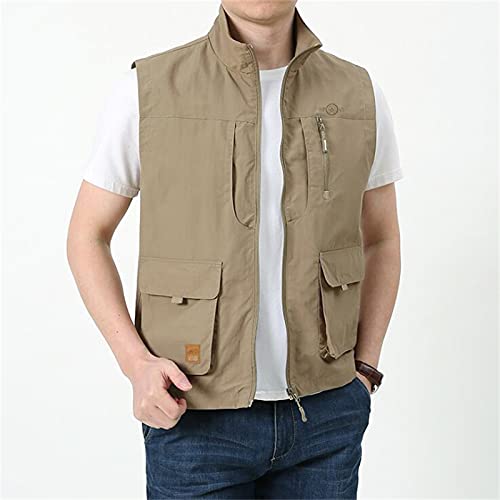 Men's Waistcoat Hiking Vest/Gilet Summer Sports Multi Pocket Climbing Work Fishing Sleeveless Jacket Travel Vest,Khaki,M
