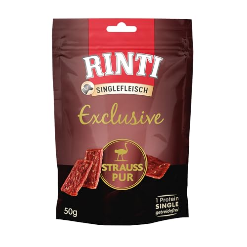 Rinti Singlefleisch Exclusive Strauß pur | Doppelpack | 2 x 50 g | Belohnungssnack für ausgewachsene Hunde | Für empfindliche Hunde bei Allergien oder Unverträglichkeiten | Leicht verdaulich