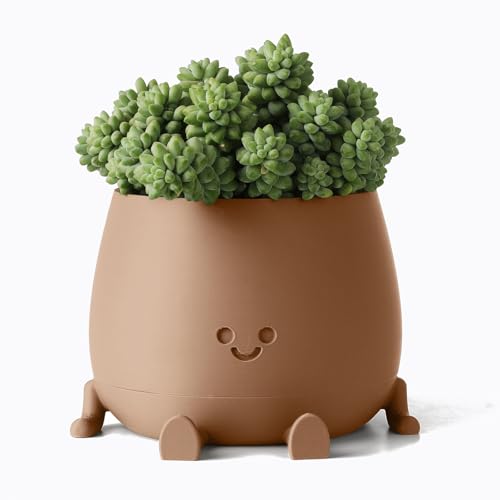 Image of TOPOLA Happy Face Planter, 5.2 Inches Plastic Plant Pot, Self Watering Plant Pot with Drainage Holes for Indoor Outdoor, Succulent Pot, Funny Flower Pot, Khaki