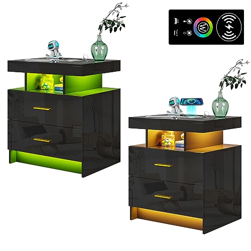 WOOVIVS Night Stand Set 2 with USB/Type-C/Wireless Charging Station, Black Nightstand with RGB Auto LED Lights, Modern Bedside Table Set of 2 with Drawers, Side Table&End Table for Bedroom Furniture