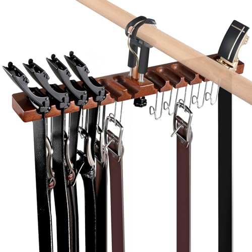 Belt Hanger for Closet, Alder Wood/ 12 Slots + 10 Hooks, Belt Rack, Versatile Belt Organizer Also for Ties (Brown)