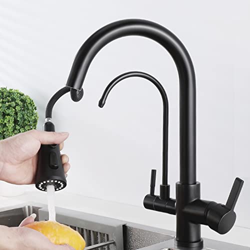 Mitigeur cuisine 3 en 1 noir orientable 360° doté d'une douchette extractible