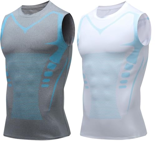 BQWXIEC Camiseta de compresión para hombre, moldeadora iónica sin mangas, para ginecomastia para hombre, camiseta sin mangas, Gris+blanco-a, XL