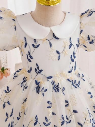 Image of TAGAS Girls Floral Embroidered Party Dress | Puff Sleeve Peter Pan Collar Frock | Elegant Net Princess Dress for Baby Girls | Birthday, Wedding, Ages 2-7 Years | Blue /Red