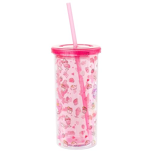 Image of Silver Buffalo Sanrio Hello Kitty and My Melody, Plastic Cold Cup, 20oz | Hello Kitty and Friends, Strawberry, Donut and Milkshake Pattern, Includes Lid and Straw, 0.59 Liters