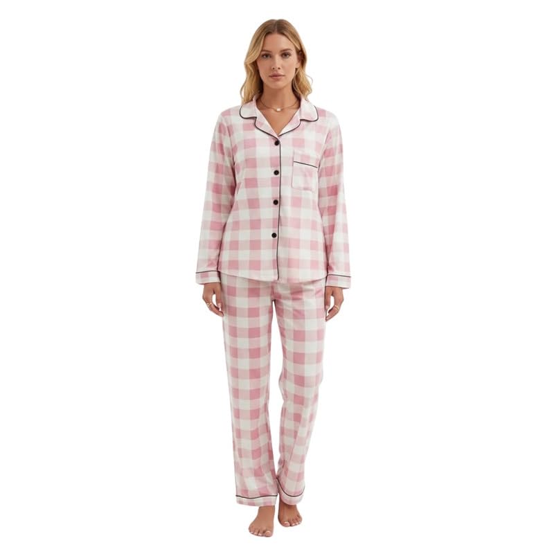 Image of Night Suit for Women with Full Sleeve Button-Down Top with Pant Dress for Woman,Night Dress for Woman, Two-Piece Loungewear Set