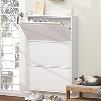 GREATMEET Shoe Cabinet Storage for Entryway, White Narrow Shoe Storage Cabinet for Entryway Slim with 3 Flip Drawers, Wall Mounted