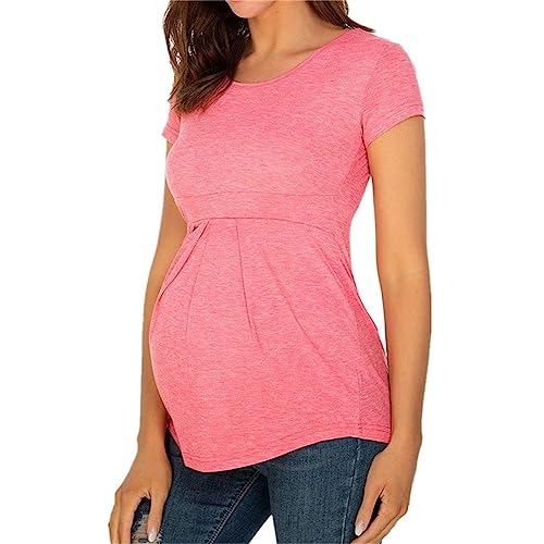 Ropa de maternidad/trabajo/lactancia, ropa de verano para mujer, ropa de maternidad, cuello redondo, manga corta, con volantes, plegable, para embarazadas, camiseta de maternidad y Halloween, rosa, L