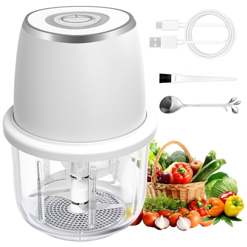 Picador de ajo eléctrico, mini procesador de alimentos y picador de verduras, 350 ml, portátil, inalámbrico, recargable por USB, potente picador para cebolla, hierbas, nueces, recipiente de vidrio