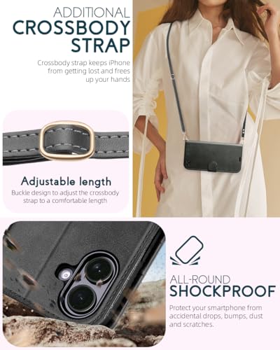 OCASE for iPhone 16 Plus Wallet Case, PU Leather Crossbody Phone Case with Removable Shoulder Strap, Kickstand, RFID Blocking Card Slots, Flip Folio Phone Cover 6.7 Inch 2024, Graphite - image 3