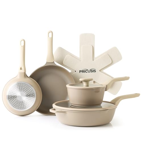 Image of PRICUSIS Nonstick Pots and Pans Set, 9 Pieces Cookware, Omelete/Egg Skillet, Healthy Nonstick Frying Pan, PFOA Free, Induction Compatible, Honey Blush