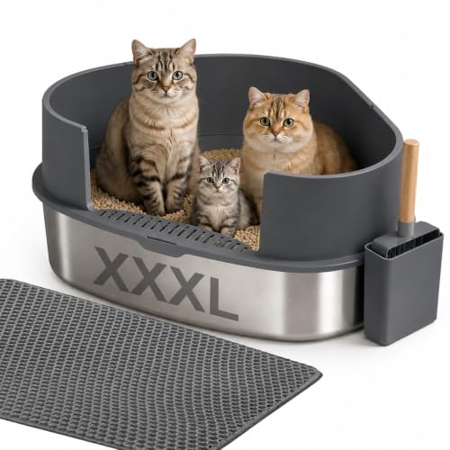 Gimars XXXL Stainless Steel Litter Box with Lid 26.6 L x 20.3 W x 11.8 H Triangle Corner Metal Litter Box for Big Cats Space-Saving Side Entry High Sides Easy to Clean