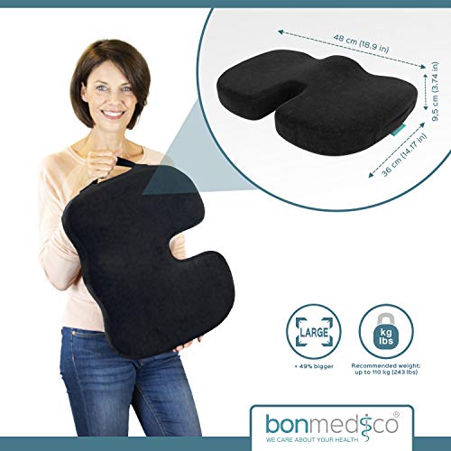 bonmedico Large Memory Foam Seat Cushion - Home Office Accessories Non-Slip & Chair Cushion to Relieve Back, Sciatica &Tailbone, for Office Chair Cushion, Car Seat Cushion Or Wheelchair, Black