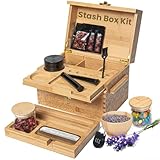 Stash Box Bamboo Storage Box with Combination Lock – Wooden Organizer Box with Removable Tray, Glass Jars & Accessories, Decorative Lockable Bamboo Box with Lid,Home Kitchen Pantry Stashbox Wood Chest