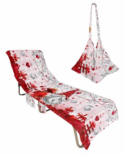 Saint Valentine's Gnomes Beach Chair Towel Covers for Chaise Lounge with Side Pocket, Soft Plush Pool Towels Cover for Patio Sunbathing Outdoor 29''x85'' Romantic Rose Silver Leaf