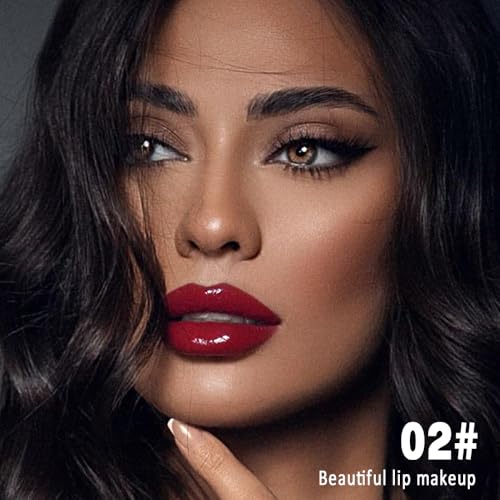 Image of evpct Wine Red Shiny Longwear No-Budge Liquid Lip Color Lipstick Makeup, Highly Pigmented Color Instant Shine, Waterproof Long Lasting Lipstick for Women, Lip Stain Gloss with Lip Liner Brush, 02#